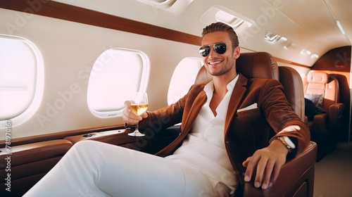 successful handsome man blogger, billionaire or rich businessman flying private jet and enjoying the flight