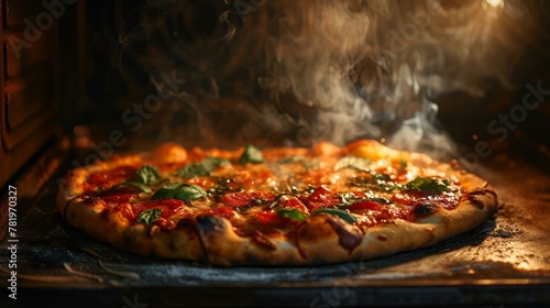 a freshly baked pizza is baking in an oven while steam rises from the grill