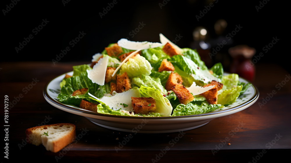 Classic healthy grilled chicken caesar salad with cheese and croutons, dark background Classic healthy grilled chicken caesar salad with cheese and croutons, dark background