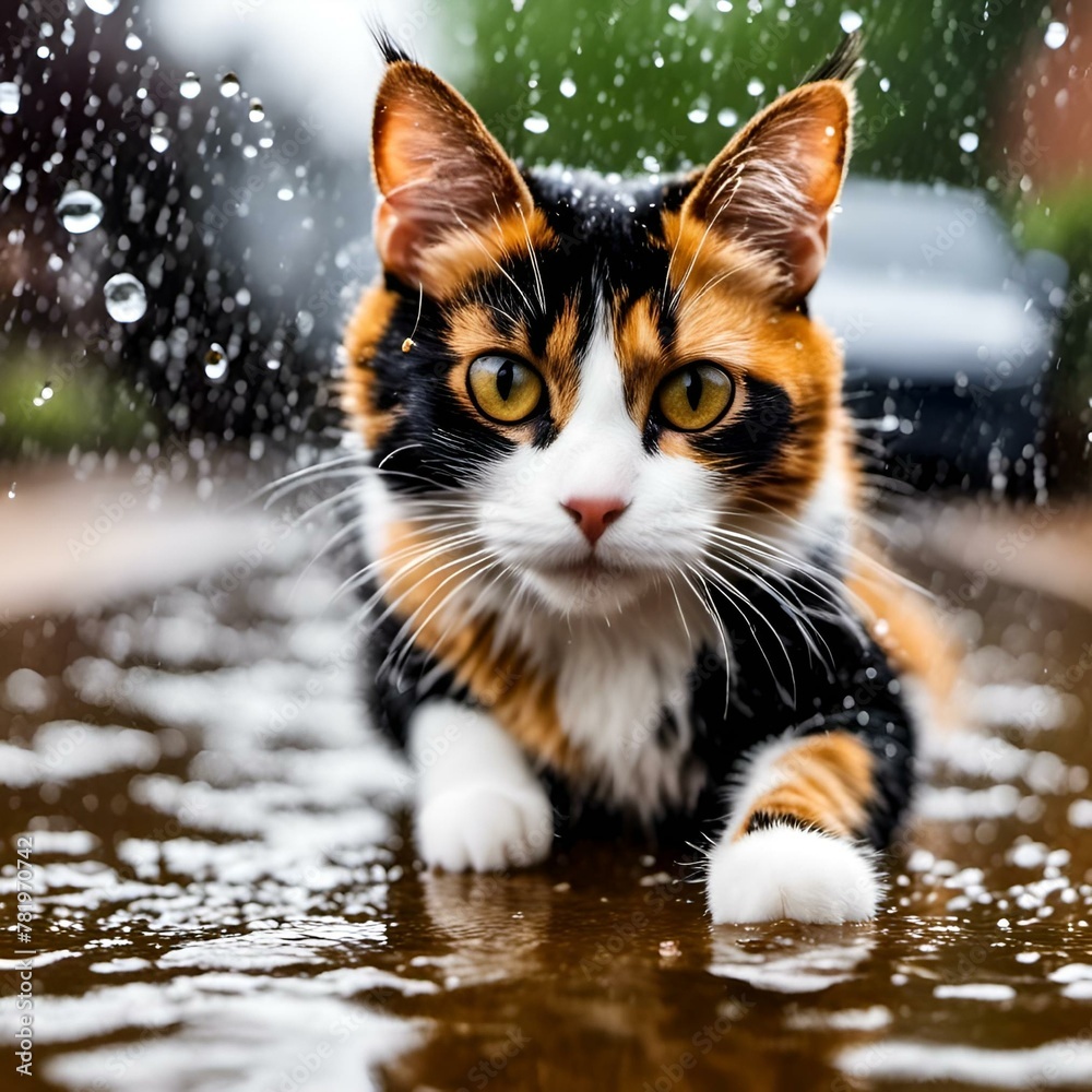 AI generated illustration of a playful kitten running in a puddle in the rain