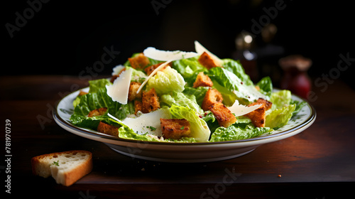 Classic healthy grilled chicken caesar salad with cheese and croutons, dark background