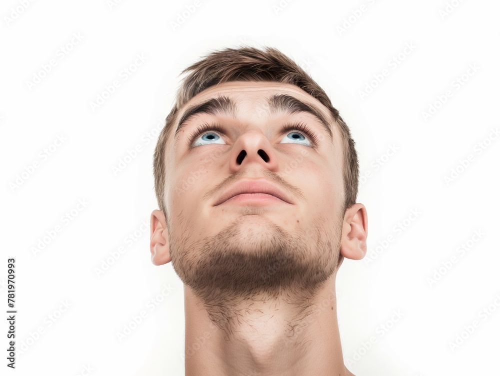 Fototapeta premium Young man looking up on white background, closeup portrait of face with eyes and eyebrows, handsome young guy, brown hair, studio shot, high resolution photography