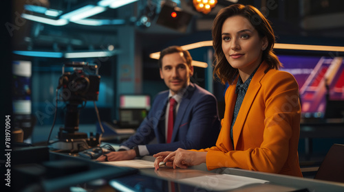 Broadcasters address news topics in a modern television studio set, hosting live talk show to present latest scandals. News anchor team introducing entertainment segment on tv network.