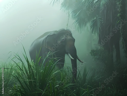 an elephant in the jungle with fog around it, surrounded by palm trees