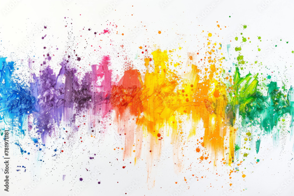 Fototapeta premium Abstract colorful paint splashes background, rainbow color on white paper with copy space for design