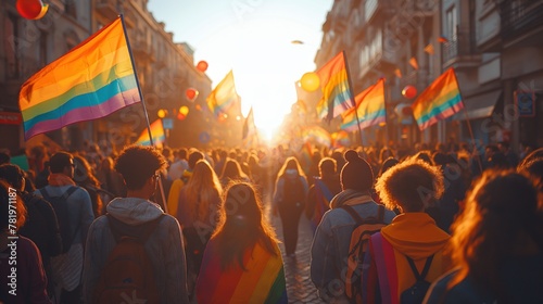 LGBT pride: A crowd of people carrying rainbow flags in the street photo
