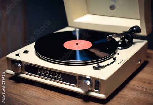 a record player with a vinyl record in its case and a microphone behind it photo