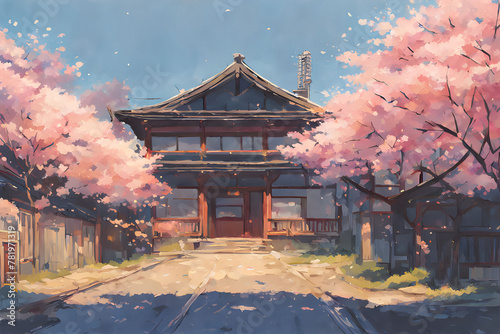  Japanese style house with cherry blossoms.