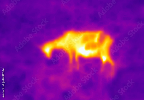 A goat in a cold morning meadow. The image from thermal imager device photo
