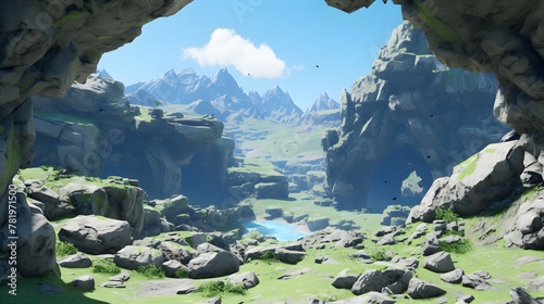 the video game environment, featuring rocks and a waterfall in the valley photo