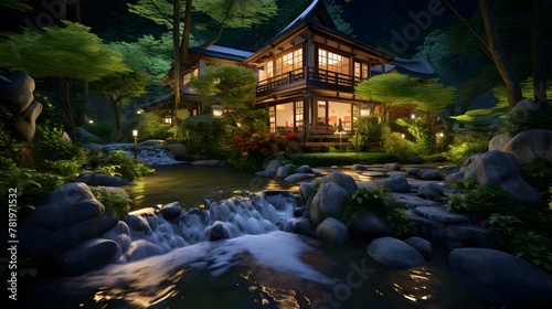 a house is next to a water fall at night in a green garden