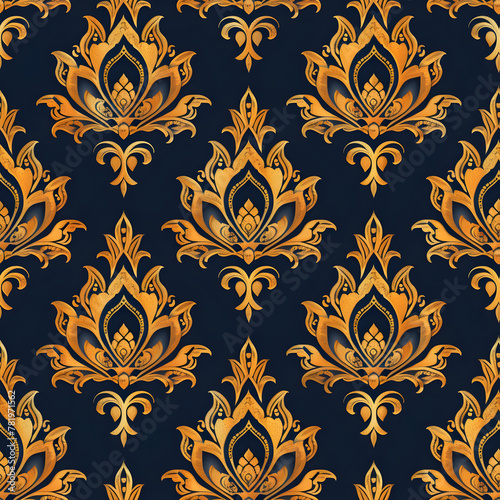 a blue wallpaper with gold leaves and gold leaves Vibrant Thai Pattern Design