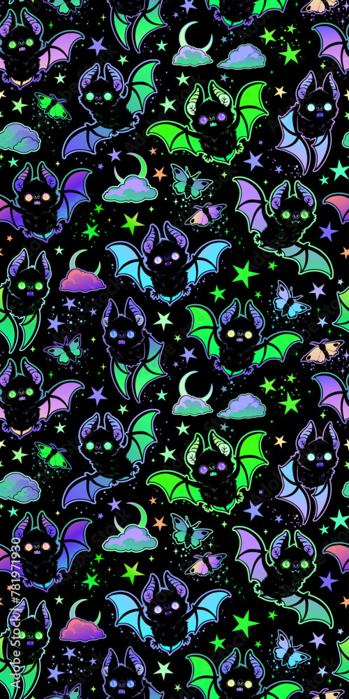 Seamless illustration of cute cartoon bats and crescents - obrazy, fototapety, plakaty 