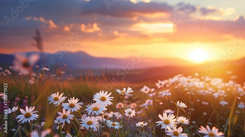 Beautiful spring landscape with white daisies in the meadow at sunset, with a beautiful sky and mountain background
