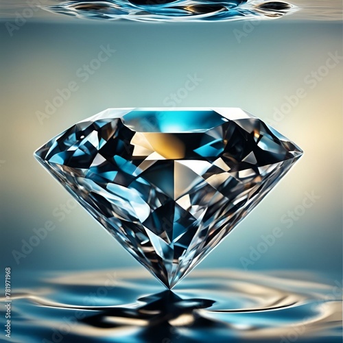a diamond floating on top of a blue water surface with a reflection