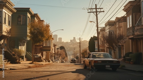 a car driving on the side of the street near some houses photo