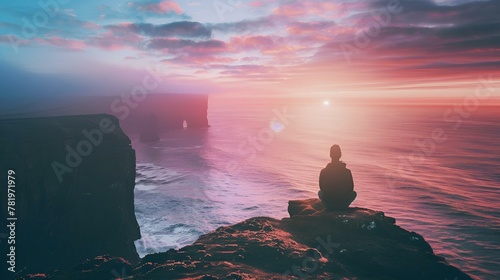 a man sits on a cliff overlooking the ocean during sunset © Wirestock