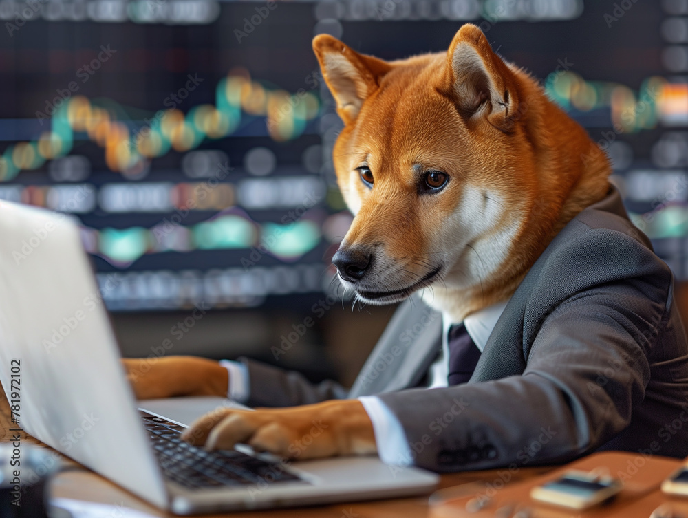 a shiba inu dog in a suit is sitting in front of a laptop