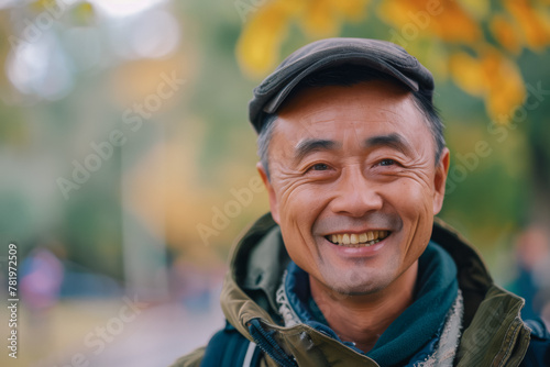 Portrait of a joyful elderly Asian smiling man in the park © SERGEY