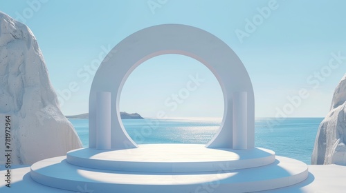 Scene with geometrical forms, arch with a podium in natural day light. Background with minimal landscape. Sea view. 3D render.