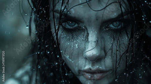 A beautiful, yet sad, woman with dark hair and blue eyes, standing in the rain.