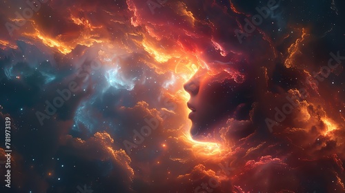 A beautiful space nebula with a glowing female face. photo