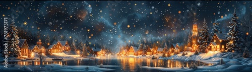 A beautiful winter village scene with snow-covered houses and trees, a frozen lake, and a starry night sky.
