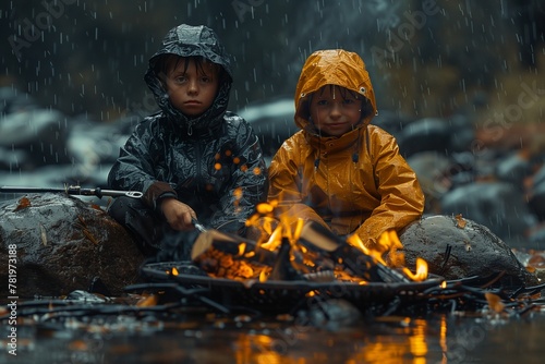 two children sitting at the campfire, one holding onto an iron skill
