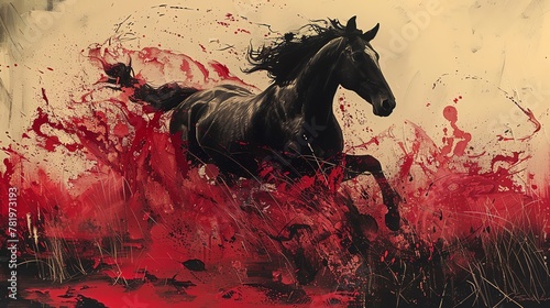 A black horse running through a field of red flowers.