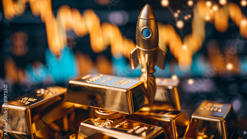gold bars with a rocket model soaring upwards placed beside it photo