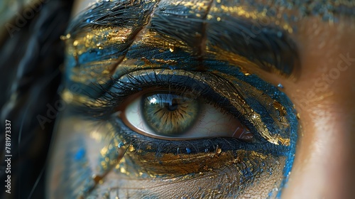 A close-up of a woman's eye with blue and gold makeup. © นุชรี อังคะคำมูล