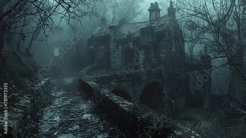 A dark and gloomy haunted house with a long and winding path leading up to it. The house is surrounded by tall, dead trees and the sky is dark and stormy. photo