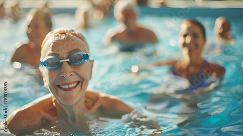 there are many women swimming in the pool together and smiling