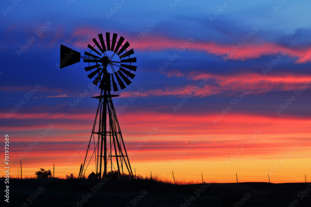 A majestic windmill against the backdrop of a vibrant sunset - Generative AI A majestic windmill against the backdrop of a vibrant sunset - Generative AI