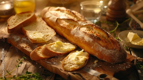 Hearty bread and baguette, spotlighted on a wooden table, butter mountain ready for spreading
