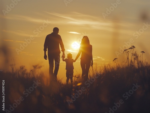 Happy family, young family walking together to the sunrise, beautiful ambience