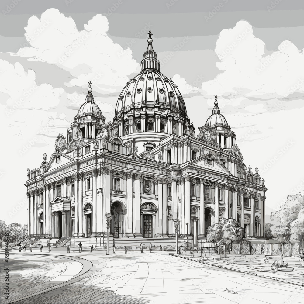 Basilica of Saint Peter hand-drawn comic illustration. Saint Peter's Basilica. Vector doodle style cartoon illustration