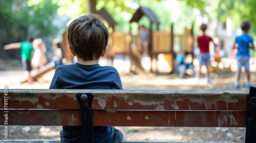 A young boy sits contemplatively on a park bench, feeling isolated with blurred figures in the background during a sunny autumn day. bullying among teenagers photo