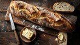 A hearty whole loaf and slender baguette ready for slicing, butter awaiting on rustic timber