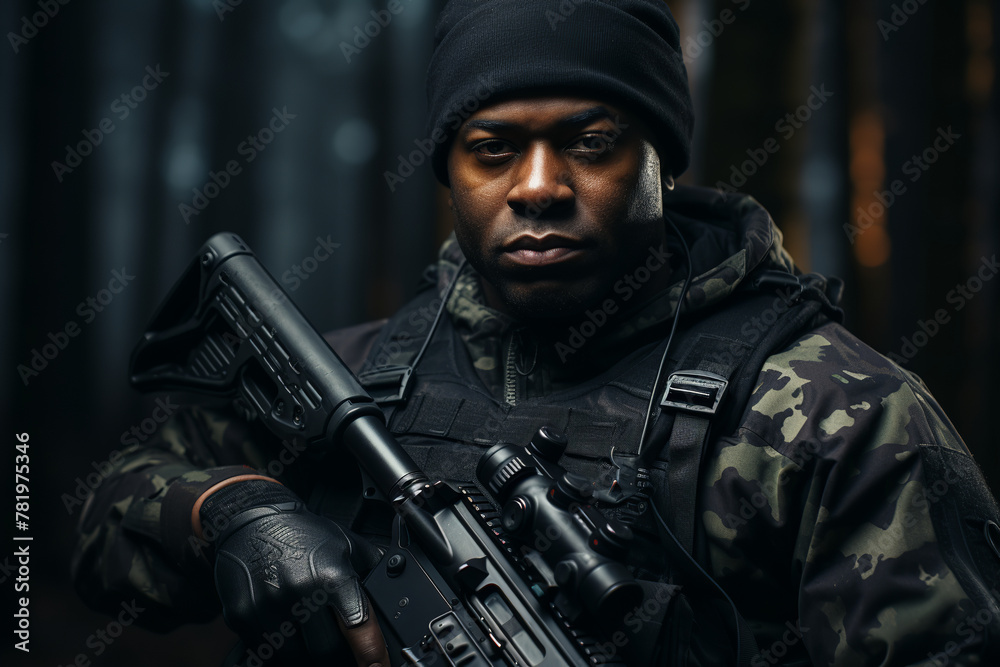 african american man, special forces soldier, armed man in black gear holding an assault rifle african american man, special forces soldier, armed man in black gear holding an assault rifle