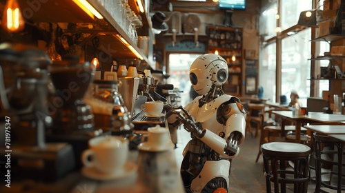 a robot is preparing coffee in a restaurant on a dolly