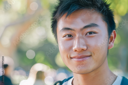 Portrait of a handsome Asian smiling man in the park