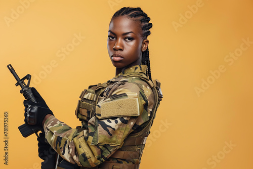 african american woman, special forces soldier, armed woman in black gear holding an assault rifle, on yellow