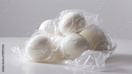 Artistic capture of Buffalo mozzarella s softness  contrasted within a crisp  transparent bag