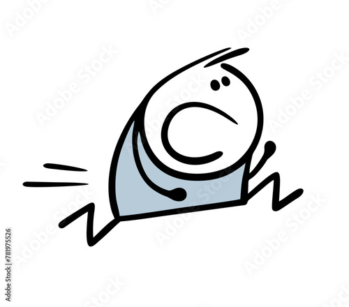 Cute little boy is very scared, running fast from the monster.  Vector illustration of a terrible danger and stick figure man in a panic. The guy opened his mouth, screams loudly, calls for help. 