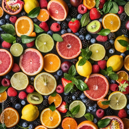 Fruits, Herbs and Berries Flat Lay Texture Background. Lemon, Lime, Orange, Mandarin, Grapefruit Slices © artemstepanov