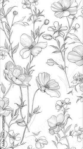 black and white drawing of wildflowers on a white background