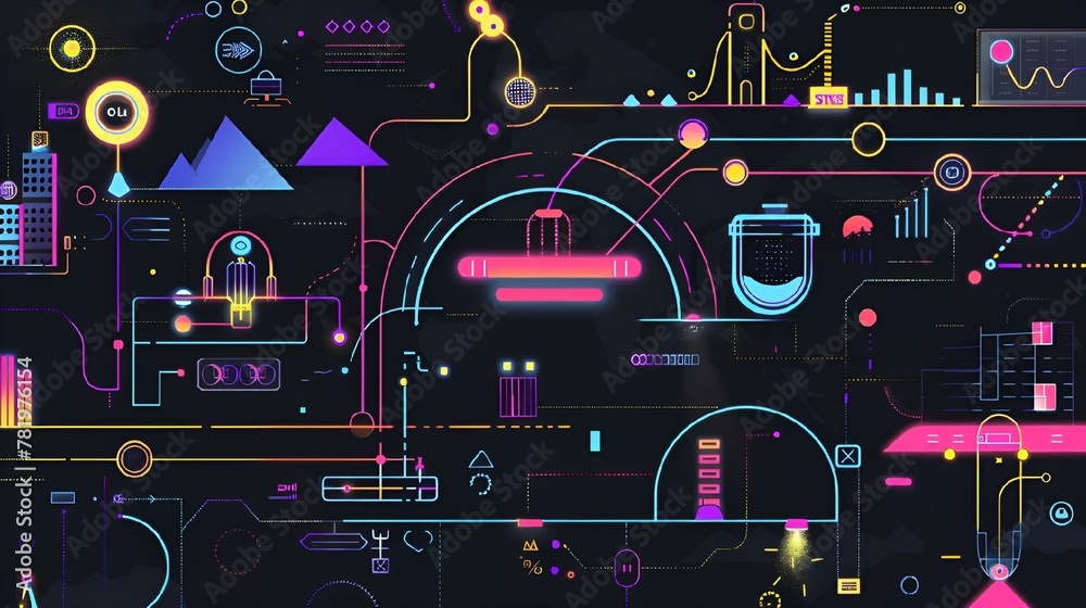 colorful tech background with colorful objects and graphs, some with different numbers