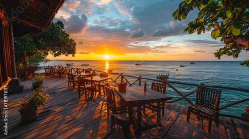 Central restaurant near the sea with a beautiful sunset view.