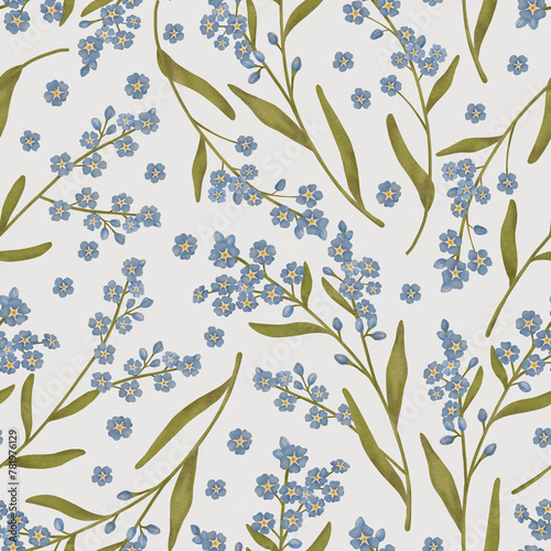 Forget-me-not floral seamless pattern. Delicate tiny blue watercolor flowers repeated background in soft neutral colors. Pretty elegant botanical illustration for bedding, nursery textile, fabrics